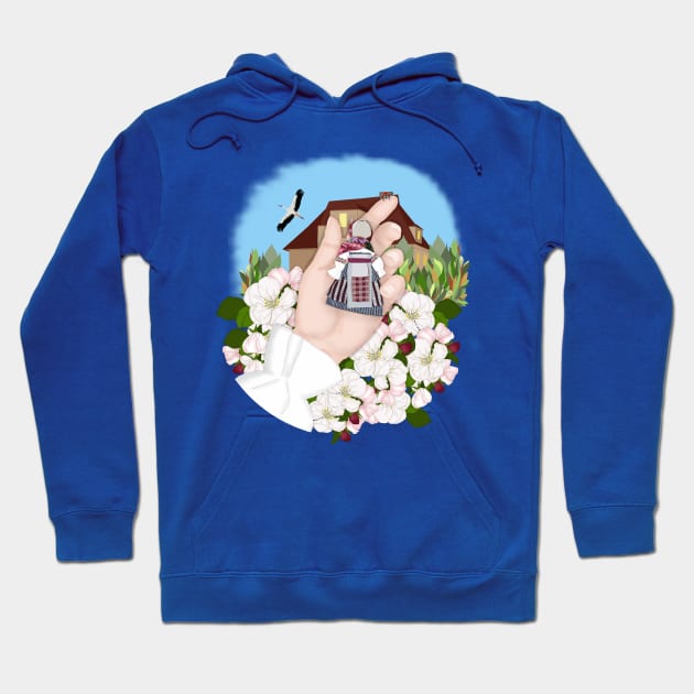 Ukrainian Folk Doll, Motanka. Native home, apple blossom, a stork flies in the blue sky. Hoodie by KateQR